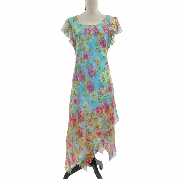LOS Angeles Gal Blue Floral Asymmetrical Short Flutter Sleeve Maxi Dress - Picture 1 of 12